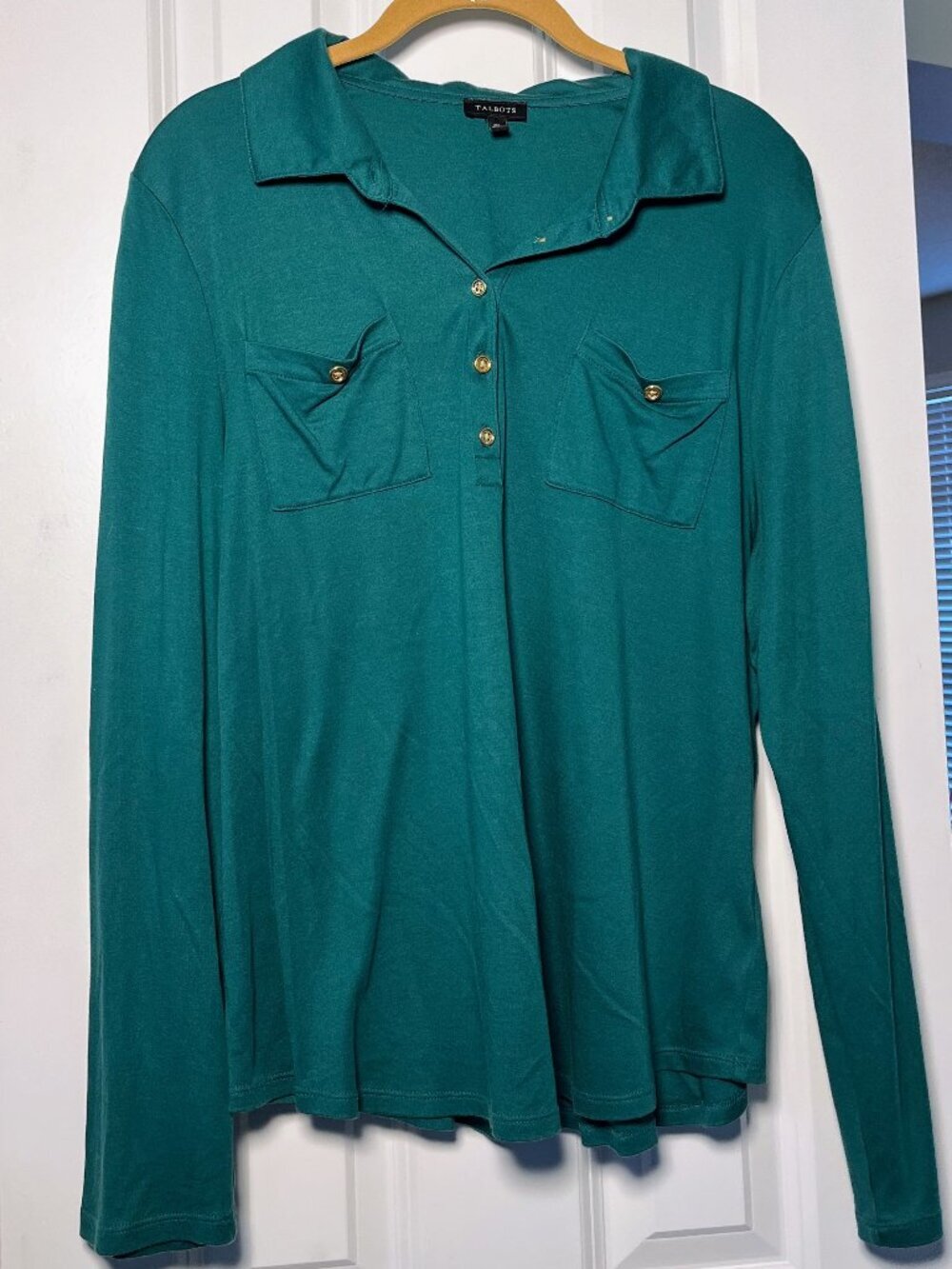 Talbots Forest Green Polo Shirt XL Long Sleeve Gold Button Preppy Classic